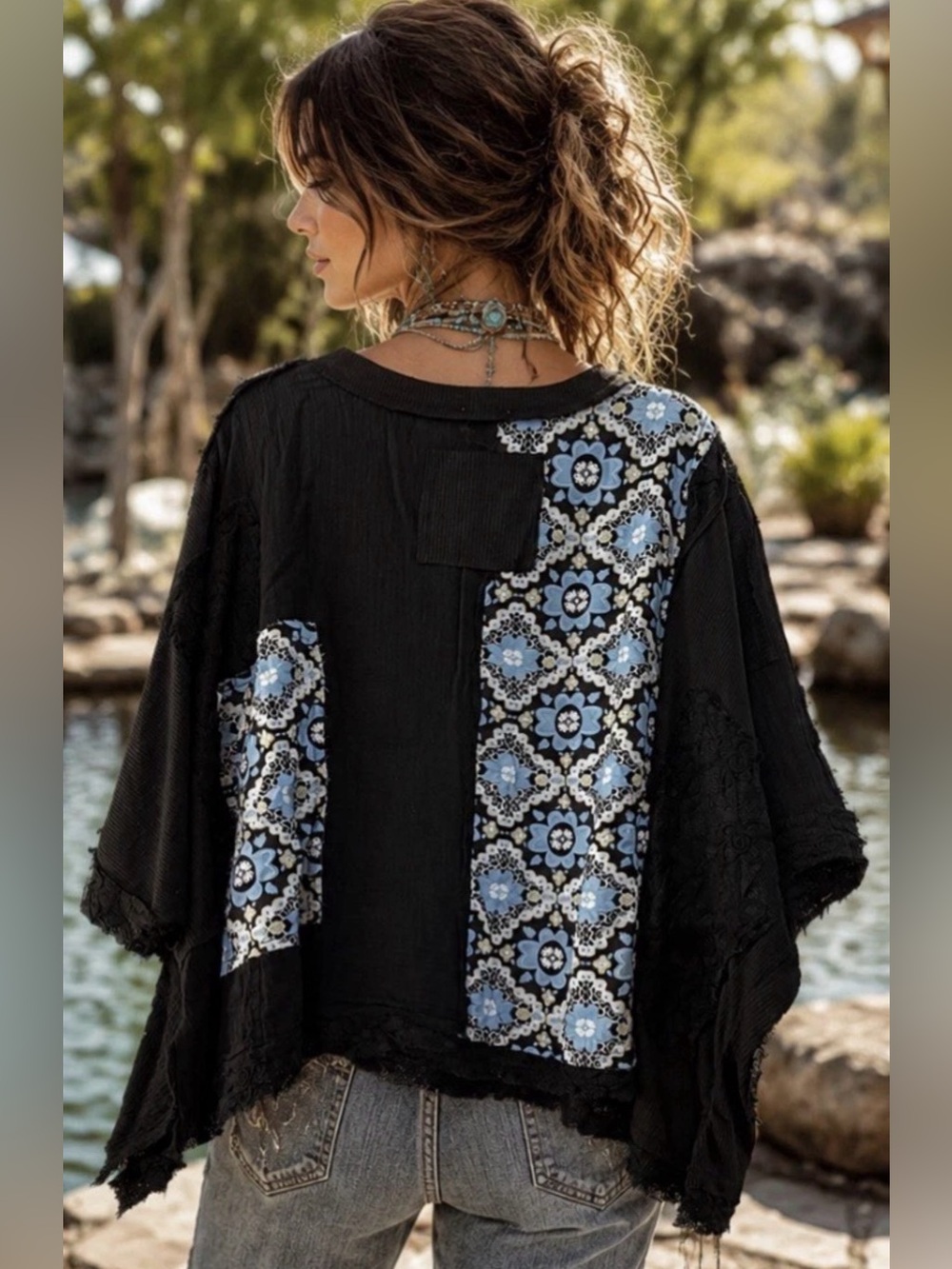 H141 New POL M ptp38 Black Tunic Top with Blue & White Floral Patchwork - Picture 2 of 12